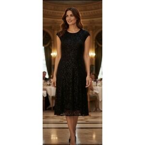 Tiana B Black Sequins & Lace Cap Sleeve Sheath Cocktail Party Dress Midi 12